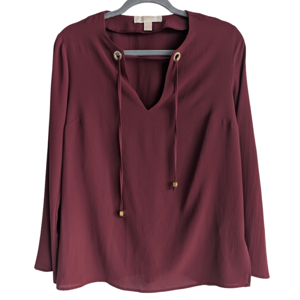 Michael Kors Women's Small Burgundy Long Sleeve Blouse V Neck Drawstrings